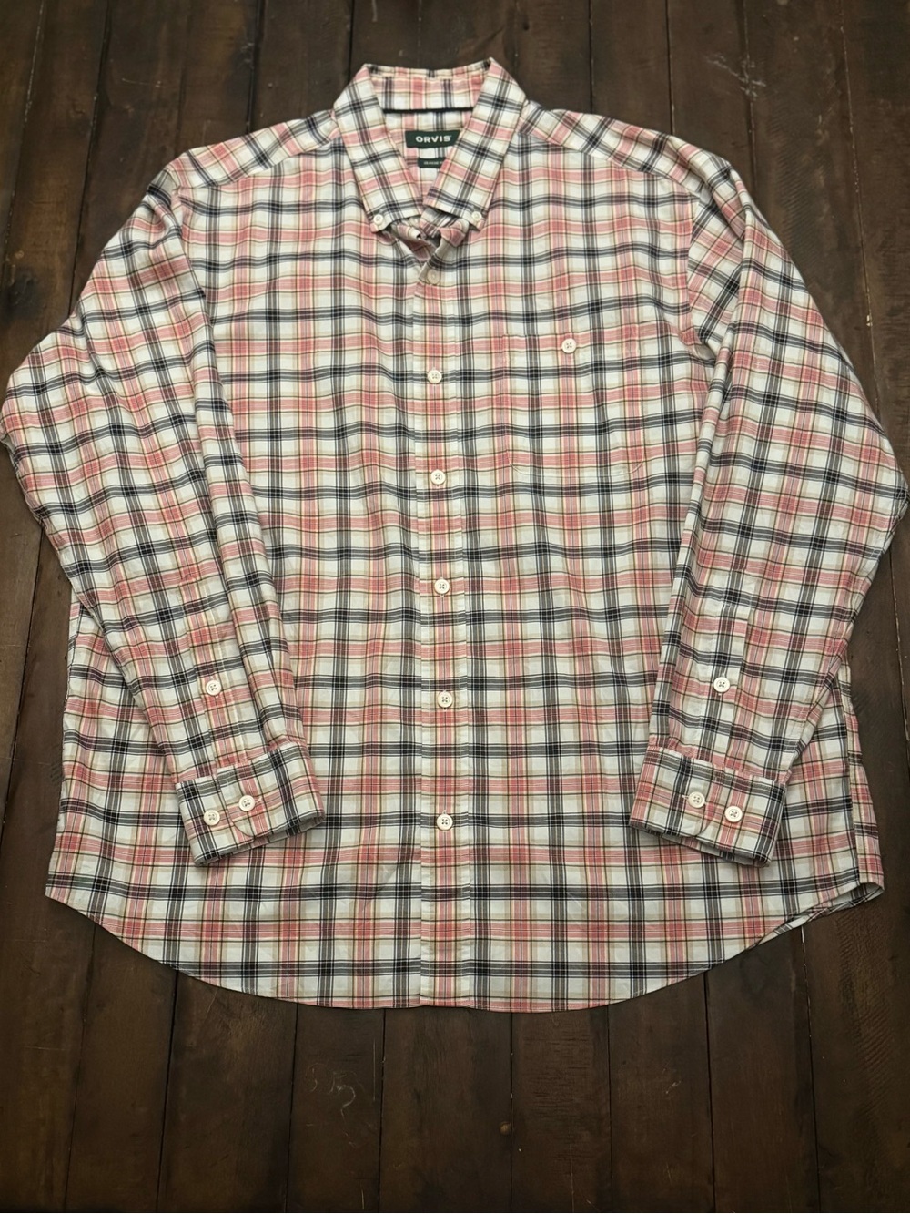 Orvis Men's Classic Fit Long Sleeve Button-Down – Size XL – Coral, Navy & Cream